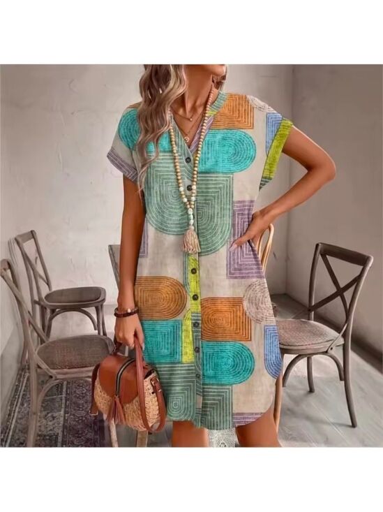 Dresses & Skirts - Geometric Colorful Button Up Dress V Neck Size Medium GUC